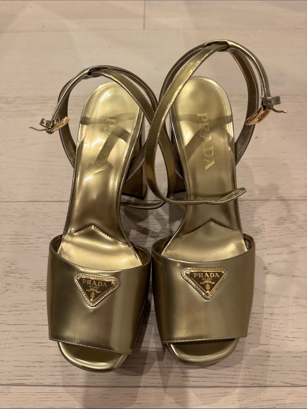 Prada Women’s Metallic Gold Slingback Block Heel Sandals